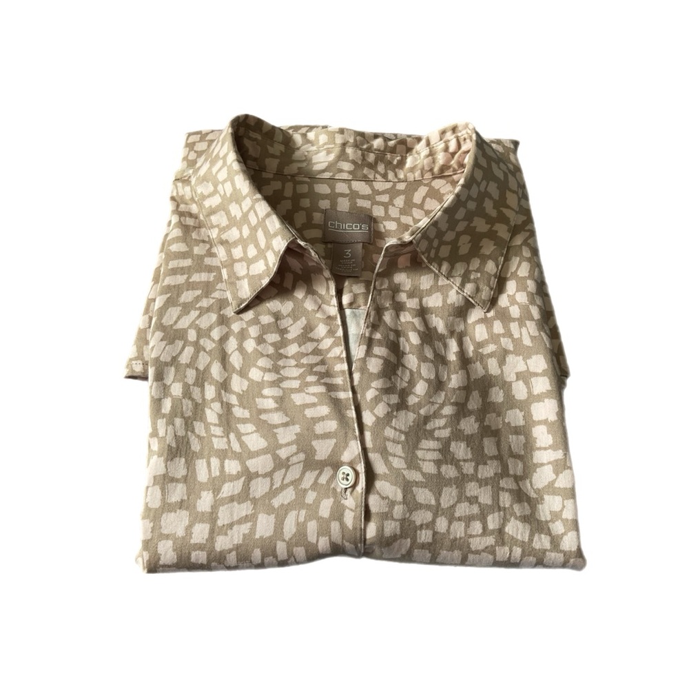 Chico's 3/XL (14-16) Tan Pink Artsy Print Blouse Abstract Button Up Long Sleeves - Picture 7 of 12